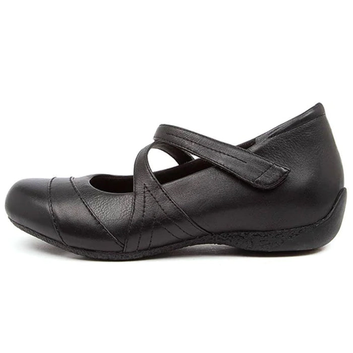 The ZIERA Womens Xray Wide Black, a comfortable leather Mary Jane with crisscross straps, rounded toe, and a low textured sole for foot pain relief, is shown in profile against a white background.