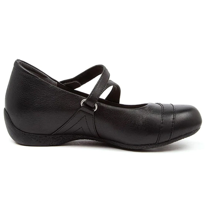 The ZIERA Womens Xray Wide Black is a black leather Mary Jane shoe with dual crisscross straps, rounded toe, and low heel for comfort and foot pain relief, shown in a side profile on a white background.