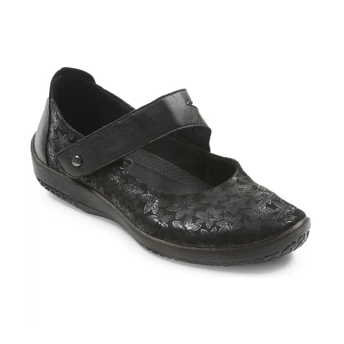 Experience comfort with the ARCOPEDICO Womens Cosmo Black—a Mary Jane shoe with a textured floral pattern, Wide top strap, and cushioned sole for foot pain relief.
