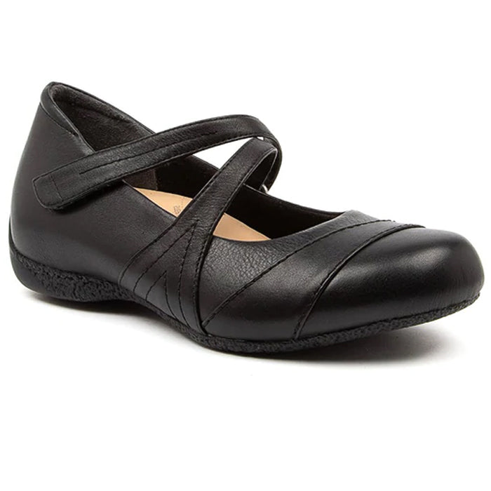 The ZIERA Womens Xray Wide Black is a comfortable leather Mary Jane flat with a rounded toe, two crisscrossing straps, subtle stitching, and a textured sole for added foot pain relief.