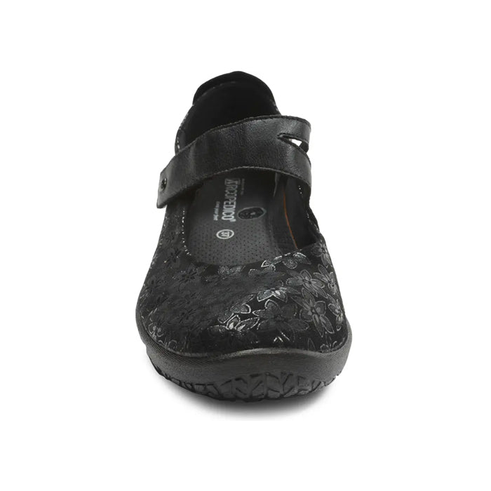 Front view of the Arcopedico Womens Cosmo Black by ARCOPEDICO—a Mary Jane shoe with textured floral pattern, single strap, rounded toe, and lightly rugged sole. Designed for stylish comfort and foot pain relief.