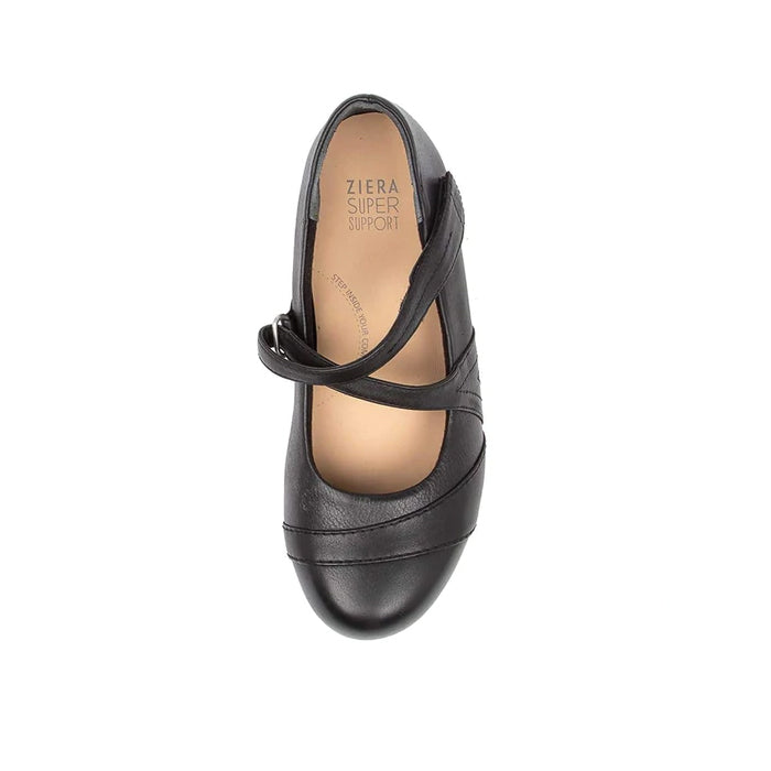 A single ZIERA Womens Xray Wide Black shoe in leather, featuring a rounded toe and diagonal strap, is shown from above. The tan insole marked Ziera Super Support provides all-day comfort and relief from foot pain.
