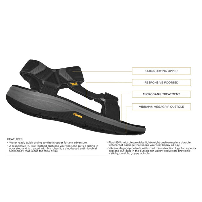 The Teva Mens Strata Universal Black features a quick-drying upper, responsive footbed for foot pain relief, Microban treatment, Vibram Megagrip outsole, water-ready materials, and superior cushioning.