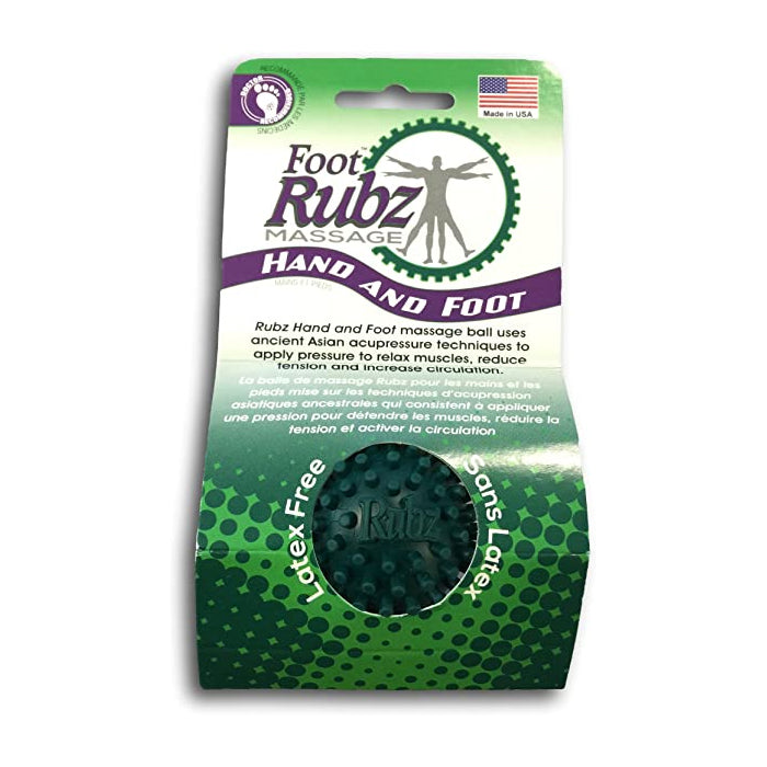 A package of Burten Rubz Hand & Foot Massager with a green spiky ball, latex-free and made in the USA. Ideal for acupressure and relieving plantar fasciitis.