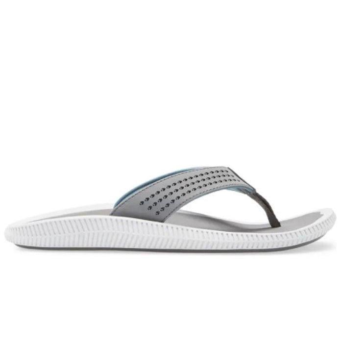 The OluKai Mens Ulele sandal in Stone/Stone features a perforated gray strap and a white textured sole—shown in side profile on a plain white background—making it the perfect water-friendly sandal for any adventure.