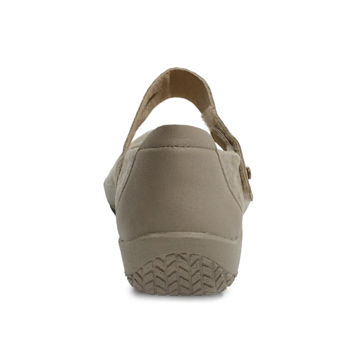 Rear view of the ARCOPEDICO Womens Cosmo Taupe slip-on, featuring a textured sole and heel strap, shown against a white background.