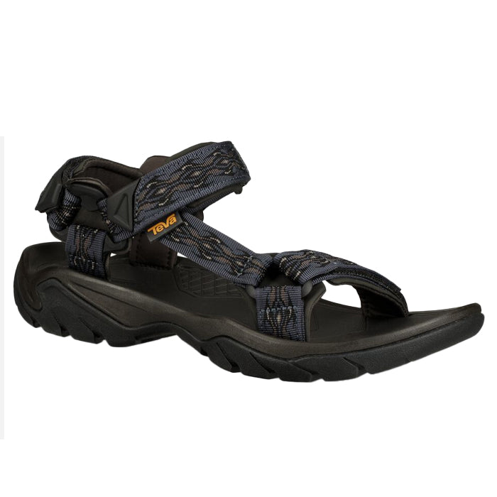 The Teva Mens Terra FI 5 Universal Madang Blue hiking sandal features a rugged tread, thick sole, open toe, and adjustable fabric straps with a small orange Teva logo on the side.