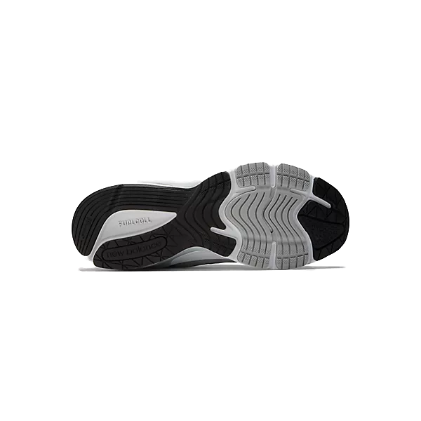 Bottom view of the New Balance Womens 990 v6 Wide Grey sneaker, featuring a black, white, and gray rubber outsole with traction grooves and NEW BALANCE branding. Part of the MADE in the USA collection.