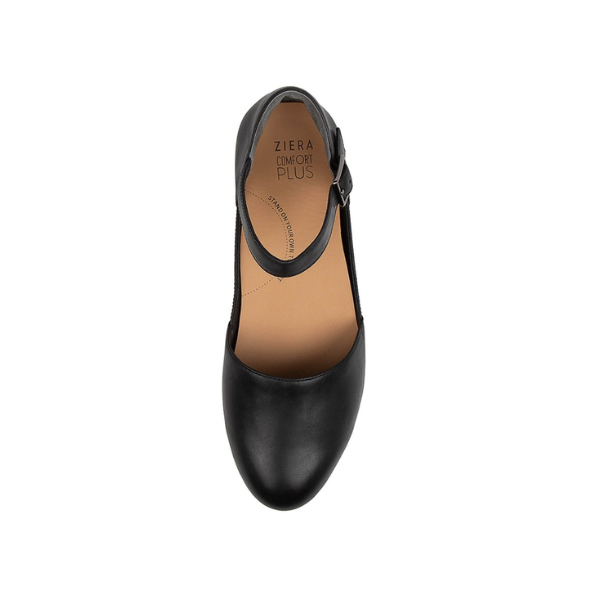 Top view of a ZIERA Womens Cavalcade Wide Black leather Mary Jane with rounded toe, ankle strap, buckle, and tan Ziera Comfort Plus insole for pain relief. The shoe is centered on a white background.