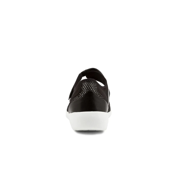 Rear view of the ZIERA Womens Ushery Wide Black casual shoe, showing a black mesh upper, white sole, and hook-and-loop back strap. Features a Comfort Plus footbed for all-day comfort, centered on a plain white background.