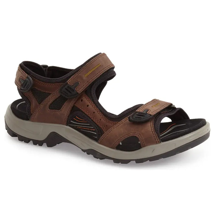 The ECCO Mens Yucatan in Espresso/Cocoa Brown/Black features adjustable Velcro straps, RECEPTOR Technology, a rugged rubber sole, and visible stitching—ideal for outdoor or casual wear.