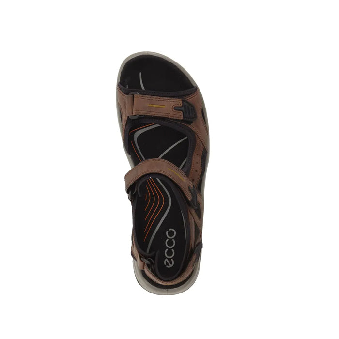 Top view of the ECCO Mens Yucatan sandal in Espresso/Cocoa Brown/Black with adjustable straps, orange accents on the cushioned insole, and RECEPTOR Technology for support, shown against a white background.
