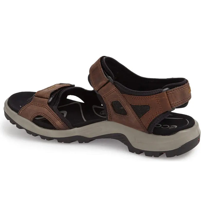 The ECCO Mens Yucatan in Espresso/Cocoa Brown/Black features adjustable straps and a rugged sole, shown angled to highlight its side and heel.