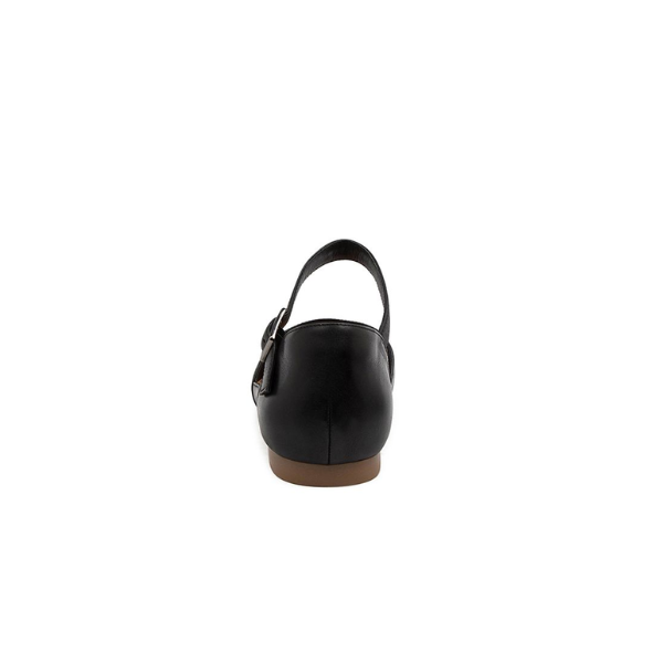 Back view of the ZIERA Womens Cavalcade Wide Black, a flat shoe with strap and brown sole for foot pain relief, shown on a white background.