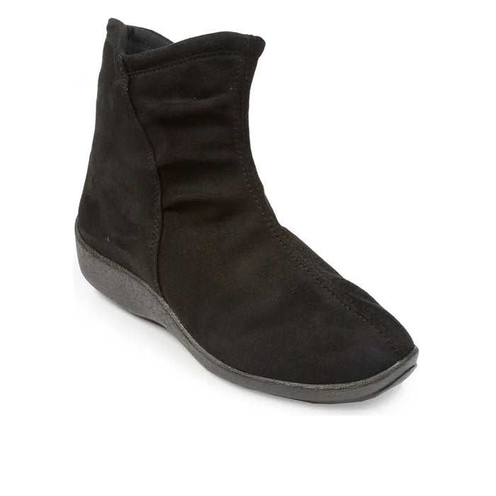 The ARCOPEDICO Arcopedico Womens L19 Stretch Bootie in black features a soft fabric, high-ankle design, and flat orthopedic outsole for foot pain relief, shown angled on a white background.
