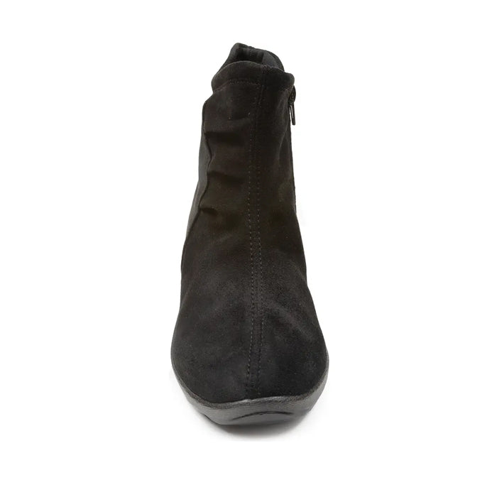 Front view of the ARCOPEDICO Arcopedico Womens L19 Stretch Bootie in black, featuring a side zipper, slight heel, and orthopedically designed outsole for foot pain relief, shown against a white background.