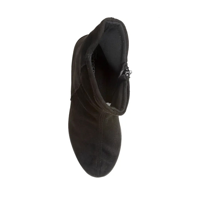 Top view of the ARCOPEDICO Womens L19 Stretch Bootie in black, featuring a side zipper and orthopedically designed outsole for all-day comfort, shown against a white background.