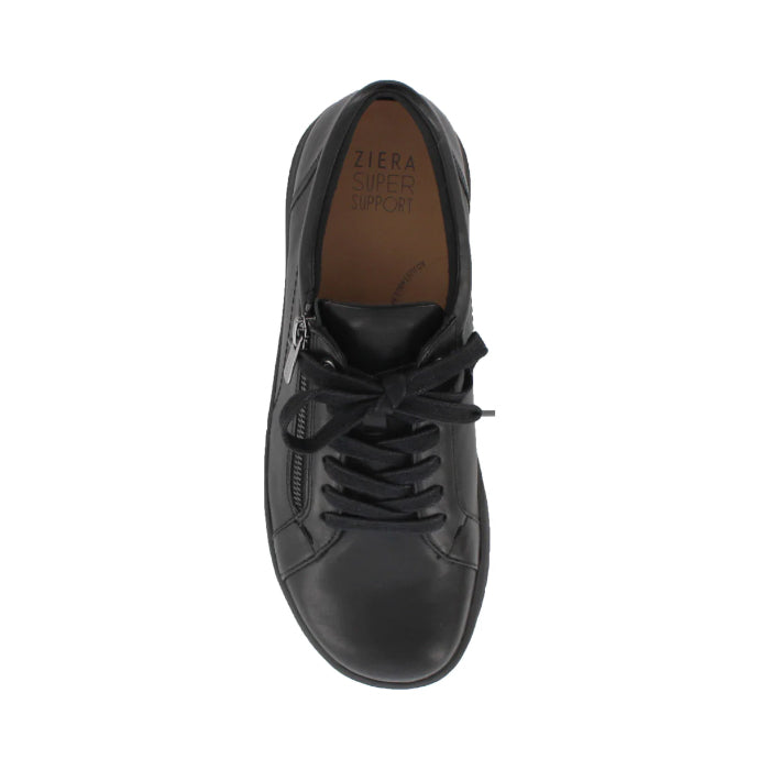 Top view of the ZIERA Womens Solar Black sneaker with a side zipper and brown Ziera Super Support insole, designed for foot pain relief, shown on a white background.
