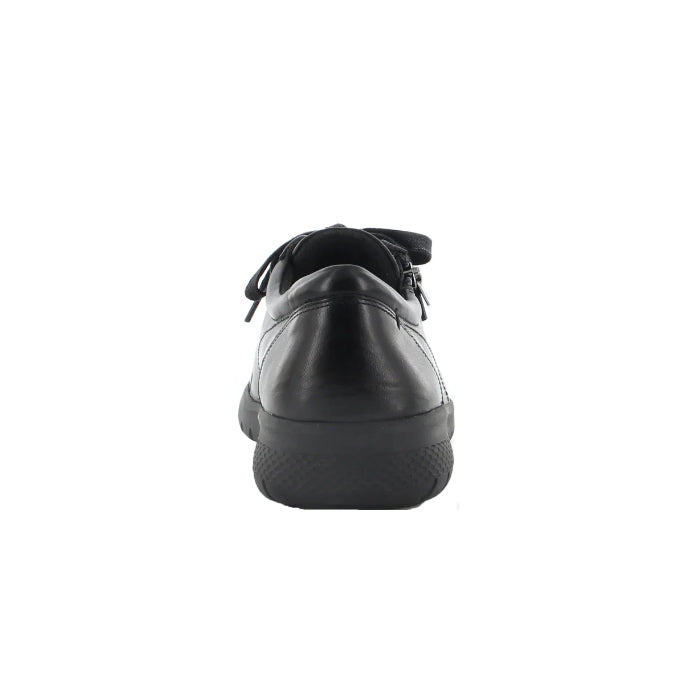 The ZIERA Womens Solar Black shoe, shown from the back to highlight the heel, sole, and laces against a plain white background—ideal for those seeking foot pain relief.