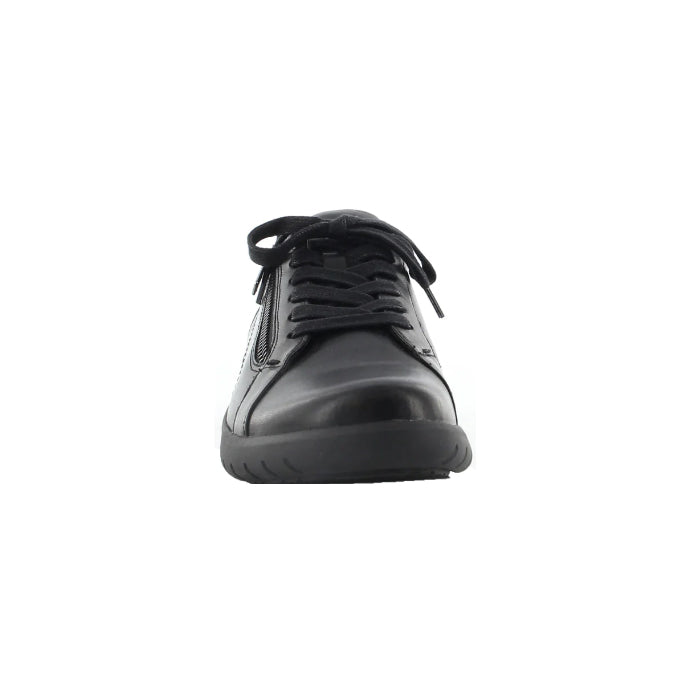 Front view of ZIERA Womens Solar Black sneakers with black leather and laces, against a white background—a stylish slip-on designed for comfort and foot pain relief.