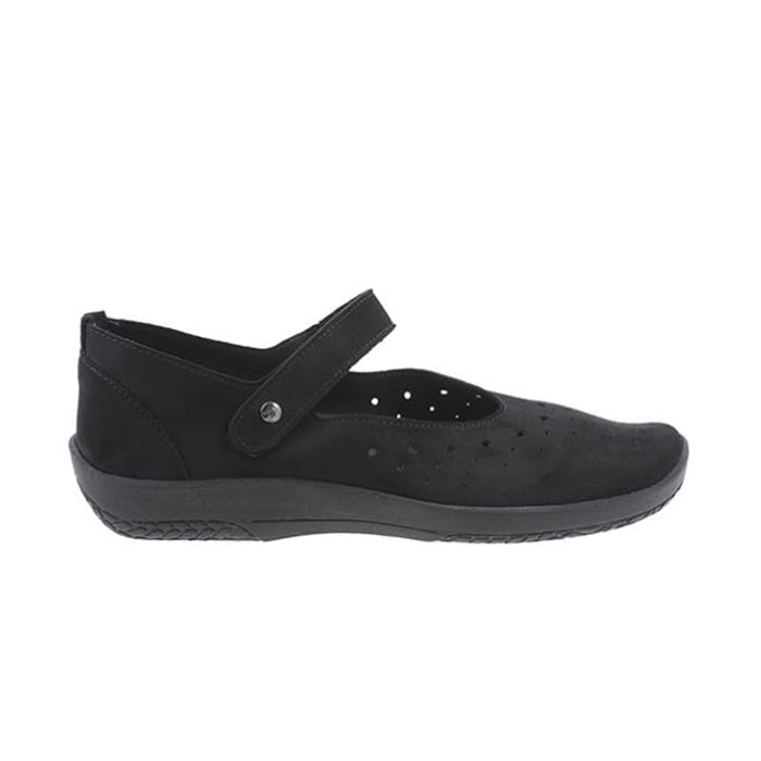 The Womens Arcopedico Sisley Black by ARCOPEDICO is a vegan-friendly Mary-Jane flat featuring a hook-and-loop strap and small perforations for ventilation, shown in side profile against a white background.
