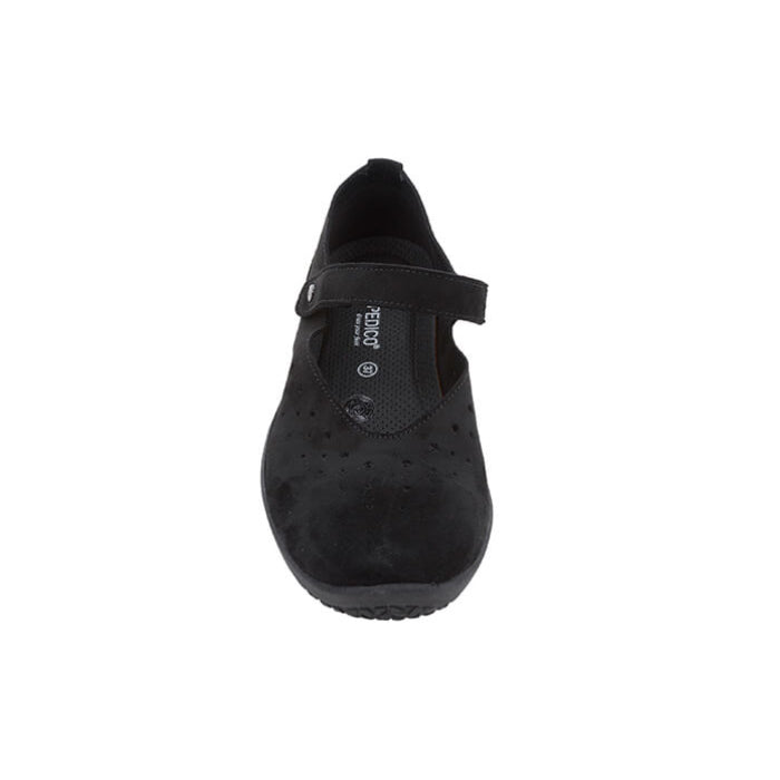 The Womens Arcopedico Sisley Black by ARCOPEDICO is a Mary Jane-style shoe featuring a single top strap and textured sole, shown from above on a white background.