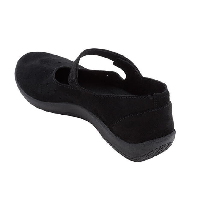 The ARCOPEDICO Womens Arcopedico Sisley Black is a vegan-friendly Mary Jane shoe with a single strap and textured rubber sole, shown from the back side angle.