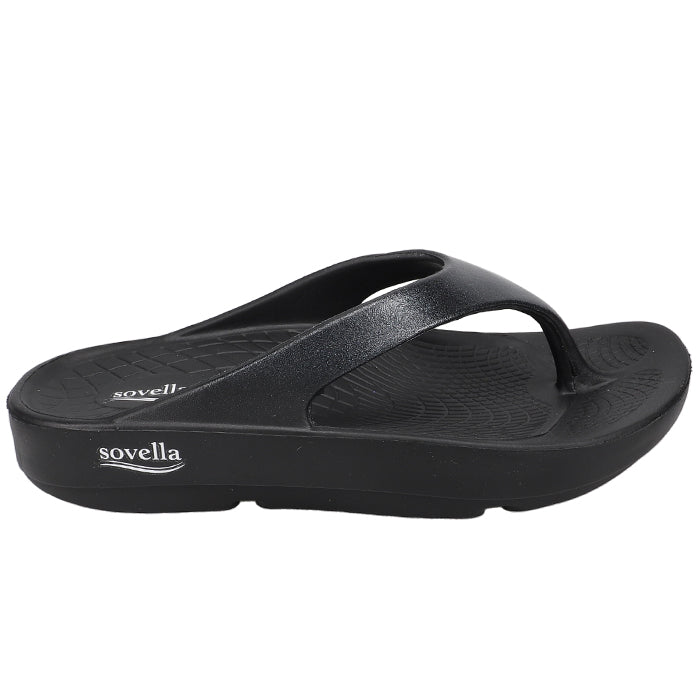 The Sovella Womens PF Thong Black/Metallic sandal by Sovella features a thick sole and contoured footbed with arch support, displayed in side profile on a white background.