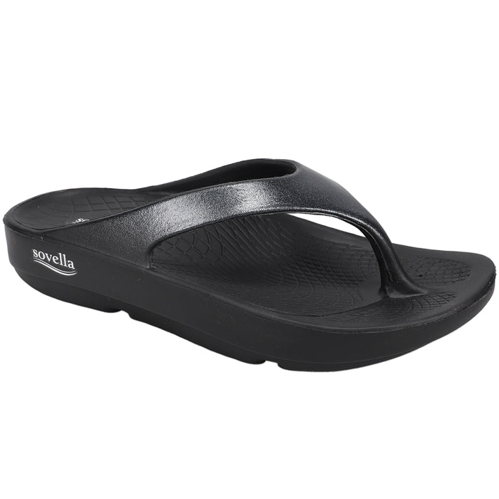 The Sovella Womens PF Thong Black/Metallic sandal features a textured footbed, thick sole, Wide thong strap, and enhanced arch support for comfort.