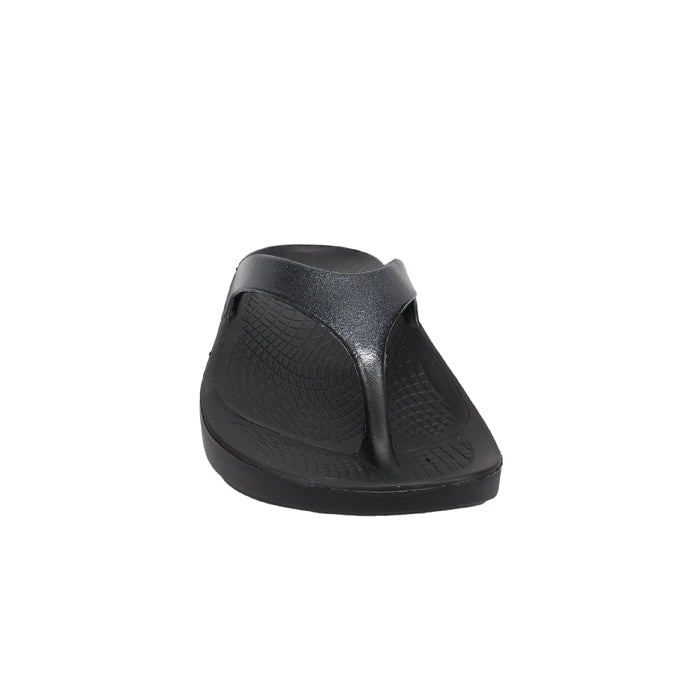 The Sovella Womens PF Thong Black/Metallic is a black comfort recovery sandal with arch support, a Wide strap, and a textured sole, shown from the front on a white background. Brand: Sovella.