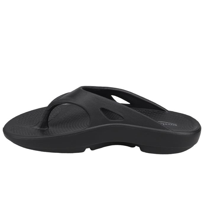 The Sovella Mens PF Thong Black by Sovella is a contoured black flip-flop sandal with a thick sole and supportive thong strap, designed for arch support, shown from the side on a white background.