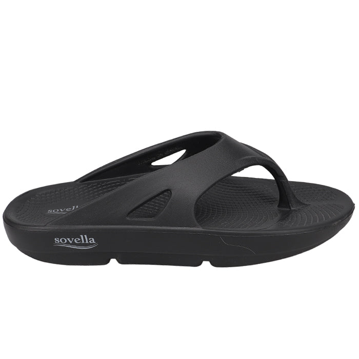 The Sovella Womens PF Thong Black sandal features a thick, contoured sole and textured footbed for arch support and comfort, shown from the side against a white background.