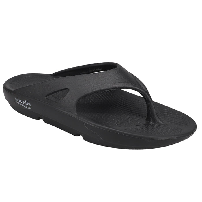 The Sovella Womens PF Thong Black sandal features a thick cushioned sole and Wide straps for all-day support and style, shown on a white background.