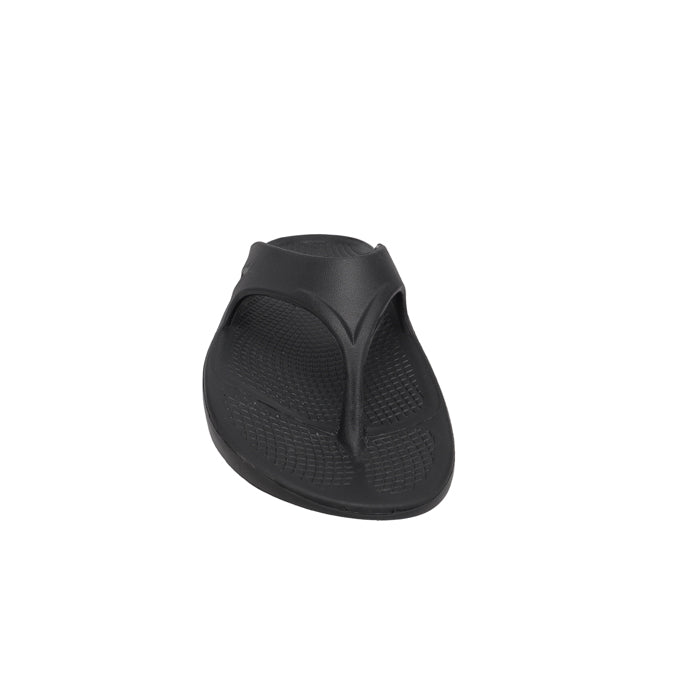 The Sovella Mens PF Thong Black sandal by Sovella is a black, open-toe comfort recovery sandal featuring a textured footbed and arch support, shown from the front against a plain white background.