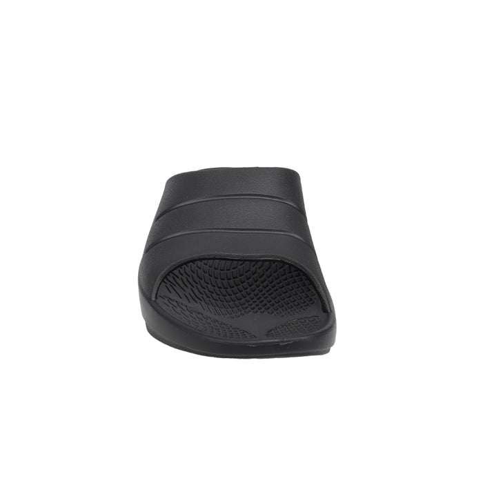Front view of Sovella Mens PF Slide Black sandal by Sovella, featuring a textured footbed, Wide strap, and built-in arch support for comfort, displayed on a white background.