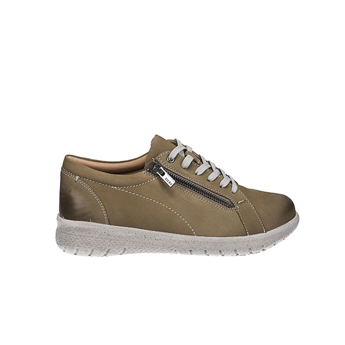 The ZIERA Womens Solar Taupe sneaker features a supportive footbed, light gray laces, side zipper, and thick white textured sole, displayed on a white background.
