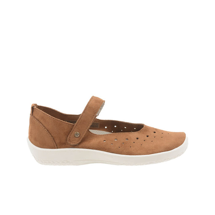 The ARCOPEDICO Womens Sisley Brown is a light brown suede Mary Jane shoe featuring a white rubber sole, perforated sides, and an adjustable hook-and-loop strap. Vegan-friendly, it offers comfort and style. Displayed against a plain white background.