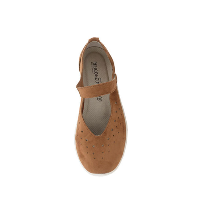 The ARCOPEDICO Arcopedico Womens Sisley Brown is a vegan-friendly Mary Jane flat with an adjustable hook-and-loop strap and toe perforations, offering stylish comfort for everyday wear. Displayed on a white background.