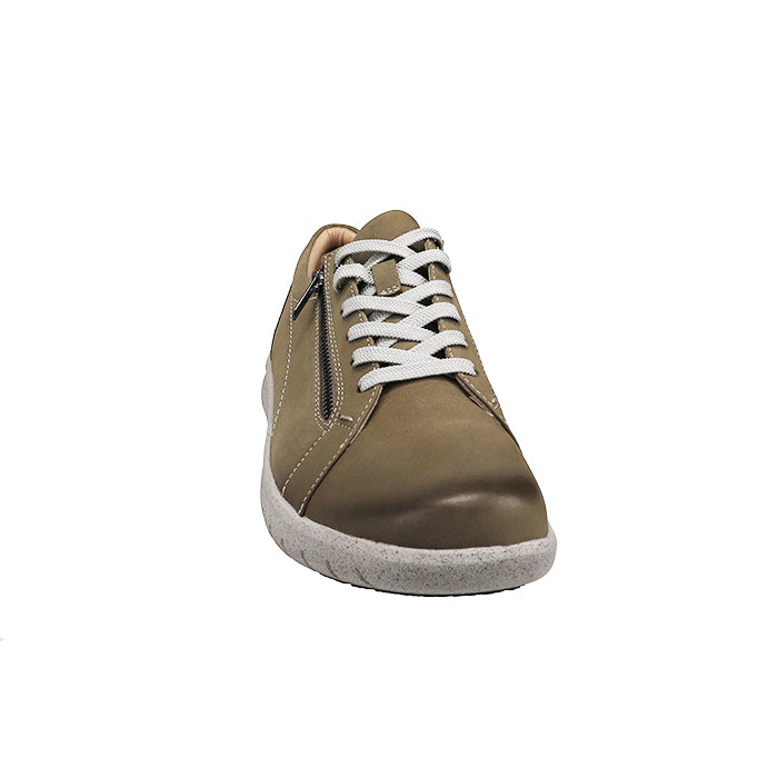 Front view of the ZIERA Womens Solar Taupe sneaker with white laces, side zipper, light gray textured sole, supportive footbed, and Wide fit, shown against a plain white background.
