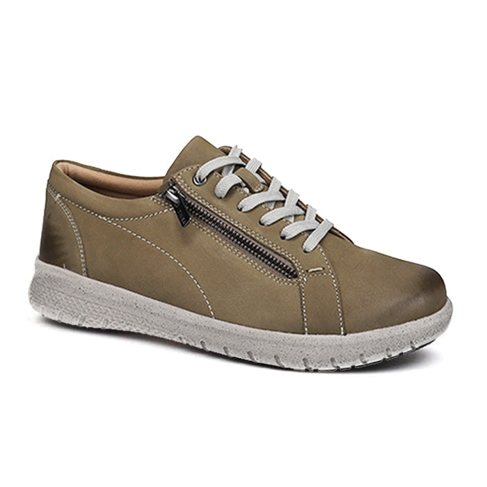 ZIERA Womens Solar Taupe sneaker with white laces, supportive footbed, side zipper, textured sole, and Wide fit design. Features visible stitching and a low-cut profile for stylish everyday comfort.