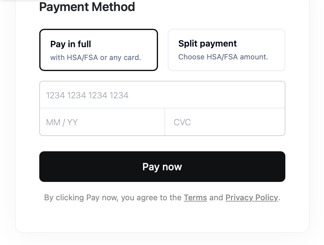 Example payment screen with Pay in full or Split payment (choose HSA/FSA amount), card fields, and a Pay now button.