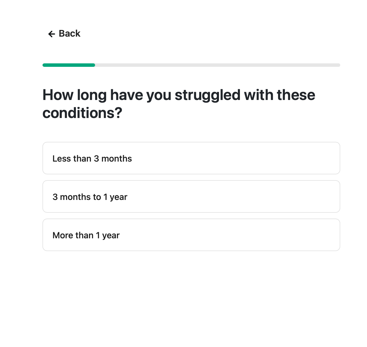 Example health-questionnaire screen asking: How long have you struggled with these conditions?