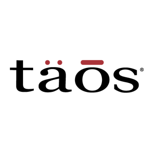The word taos in lowercase black letters, with two red dots above the a and a red line above the o, on a light gray background.