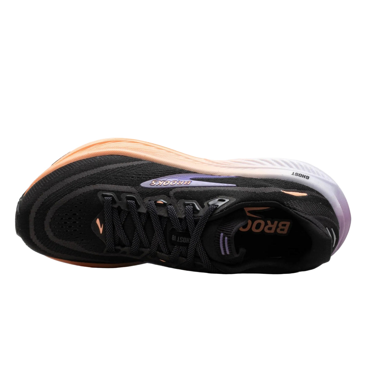 Top view of the BROOKS Women's Ghost 18 Black/Peach running shoe, black mesh upper and cushioned collar.