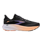 BROOKS Women's Ghost 18 Black/Peach running shoe, black mesh upper with peach trim, angled side view.