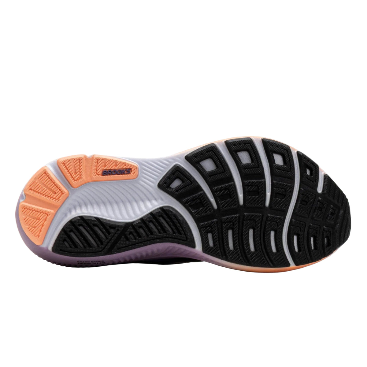 Rear view of the BROOKS Women's Ghost 18 Black/Peach running shoe with padded heel counter and cushioned sole.