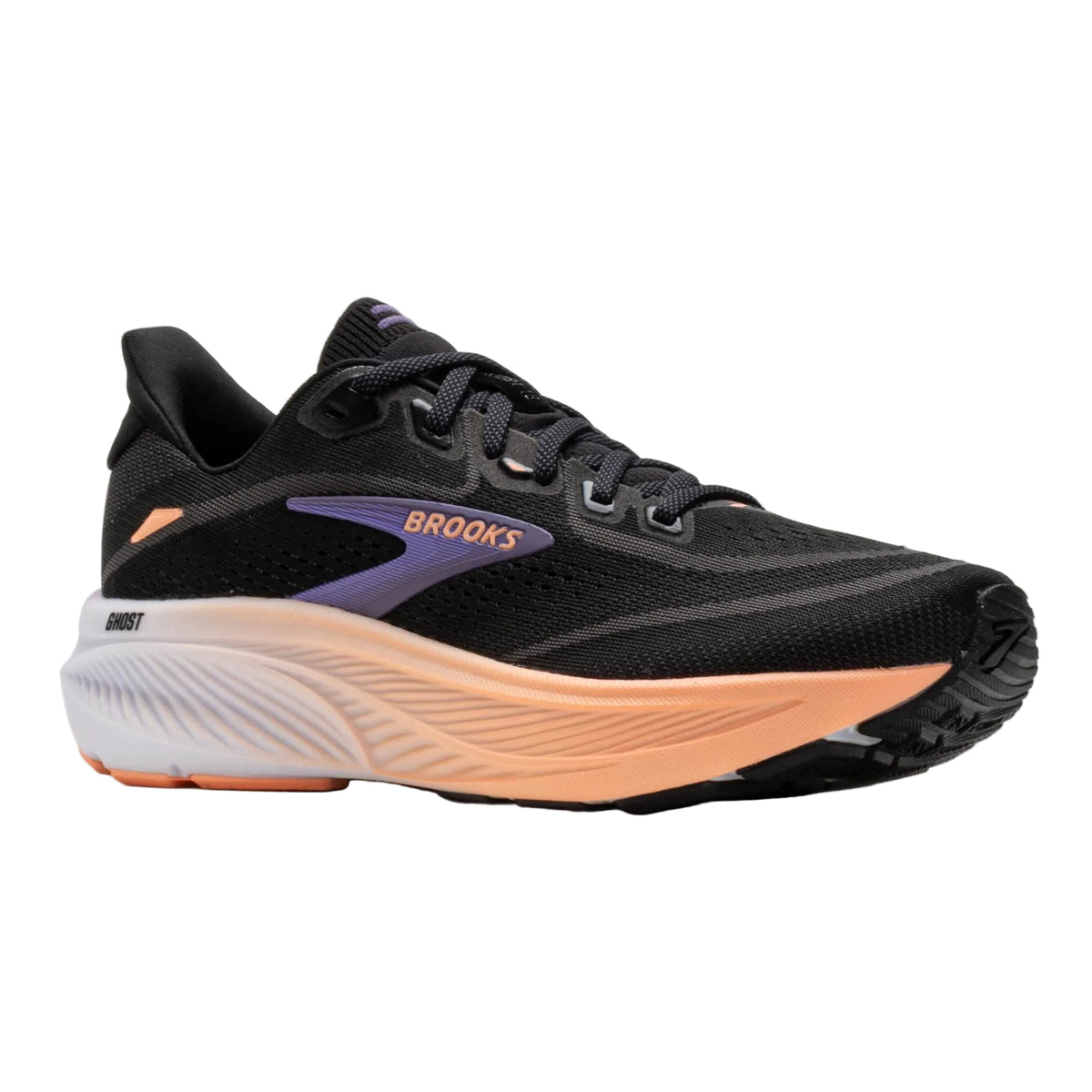 Outsole view of the BROOKS Women's Ghost 18 Black/Peach running shoe, segmented rubber tread for traction.