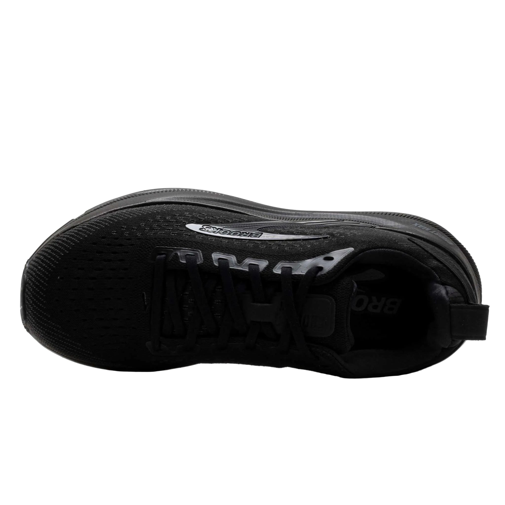 BROOKS Women's Ghost Max 4 Wide Black/Black shoe, black laces and padded collar, alternate view.