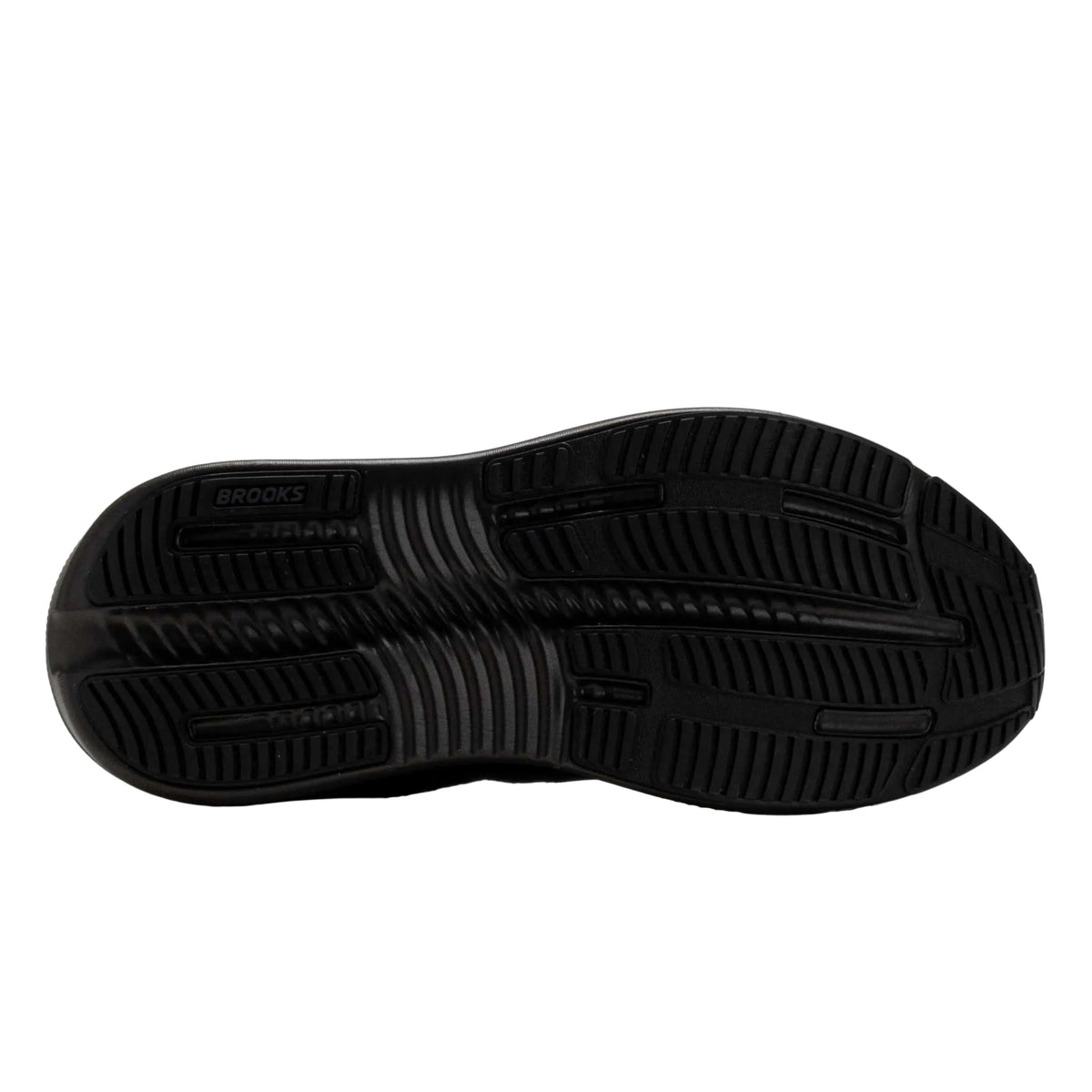BROOKS Women's Ghost Max 4 Wide Black/Black shoe, rocker outsole and tread detail, cushioned comfort.