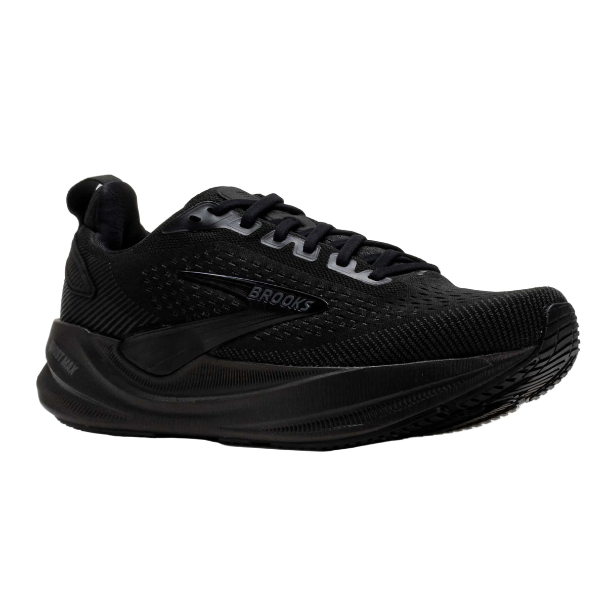 BROOKS Women's Ghost Max 4 Wide Black/Black running shoe, heel counter and DNA LOFT midsole, rear view.